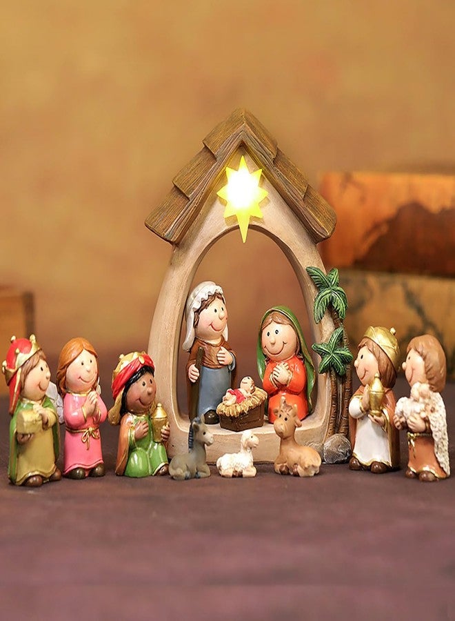 MACLARONX Nativity Set & Figures, 12 Pieces Small Christmas Nativity Scene with LED Light Resin Lighted Tabletop Nativity Indoor Decor Includes 1 Manger and 11 Figurine (Mini Figure) - Image 2